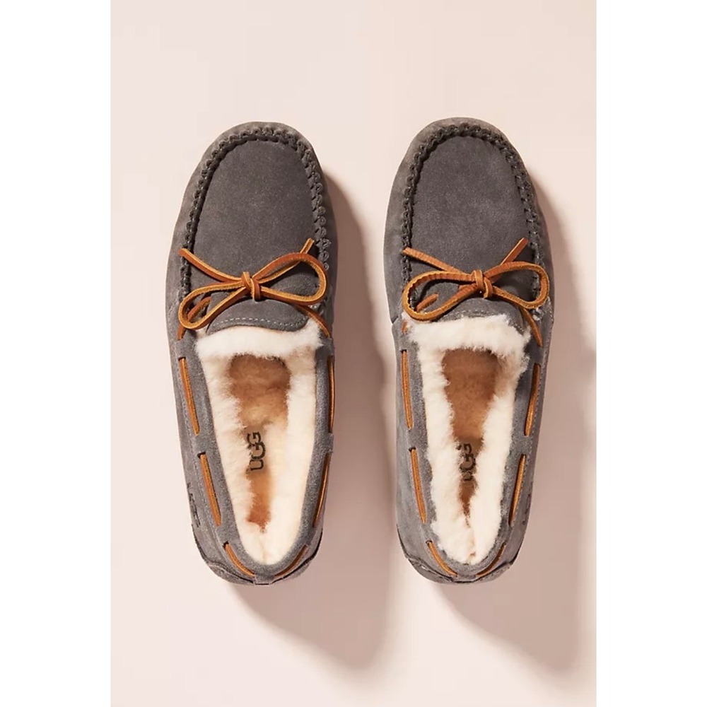 UGG Australia Dakota Grey Suede Moccasin Slippers Womens Wool Lined Bow Slip On